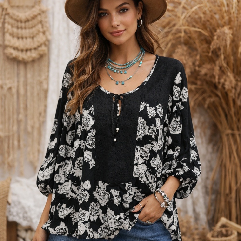 Free People Moon River Tunic Blouse M Black Floral Lace Boho Peasant Goth Grunge
